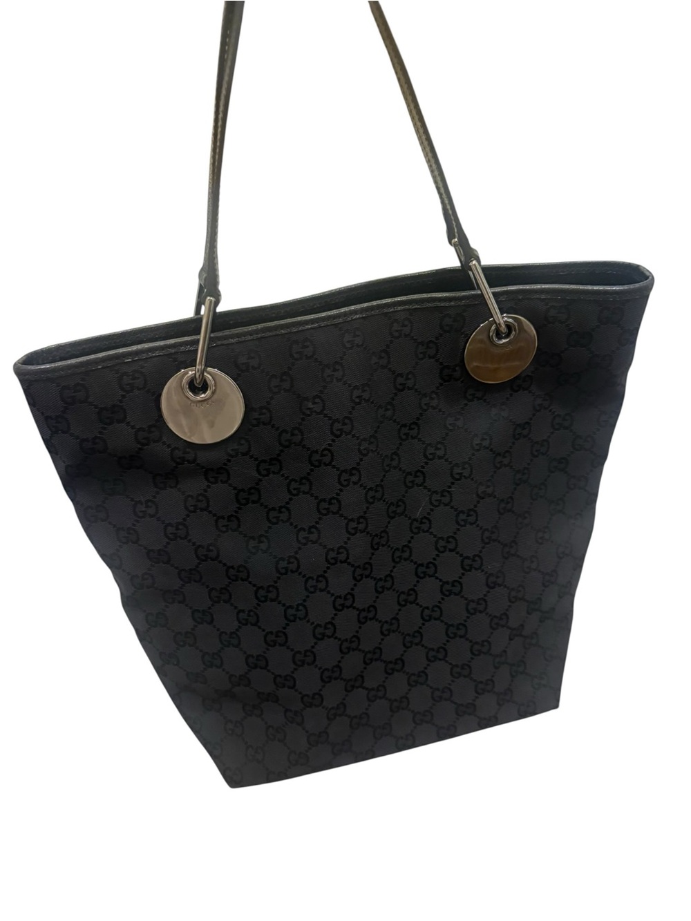 Gucci Black Jacquard GG Canvas Tote Silver Hardware Discs Tom Ford Shoulder Bag - Picture 15 of 15